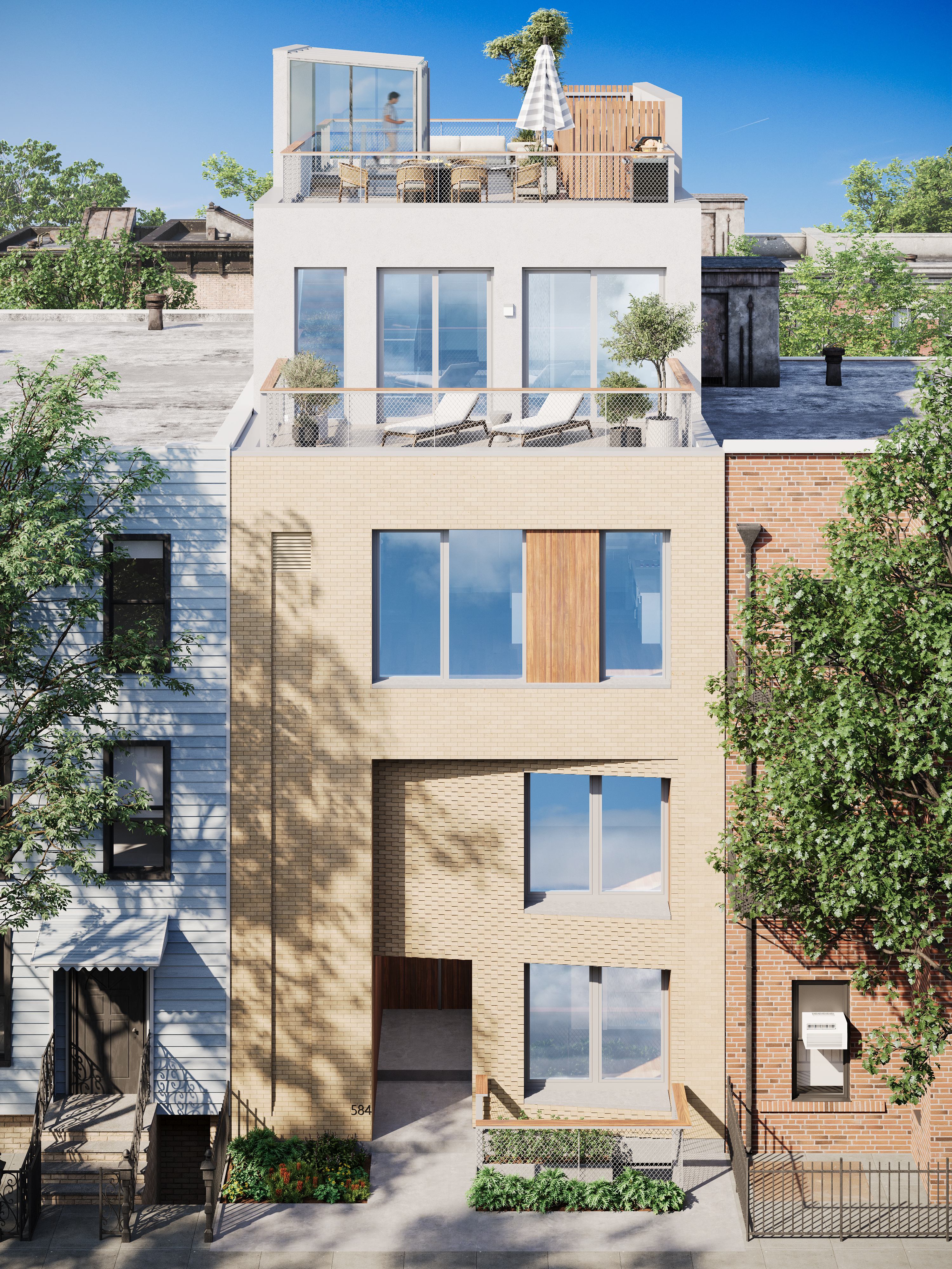 584 Leonard Street, Unit PHB Brooklyn, NY 11222 - Photo 21 of 22 a aerial view of a house with a balcony and fireplace