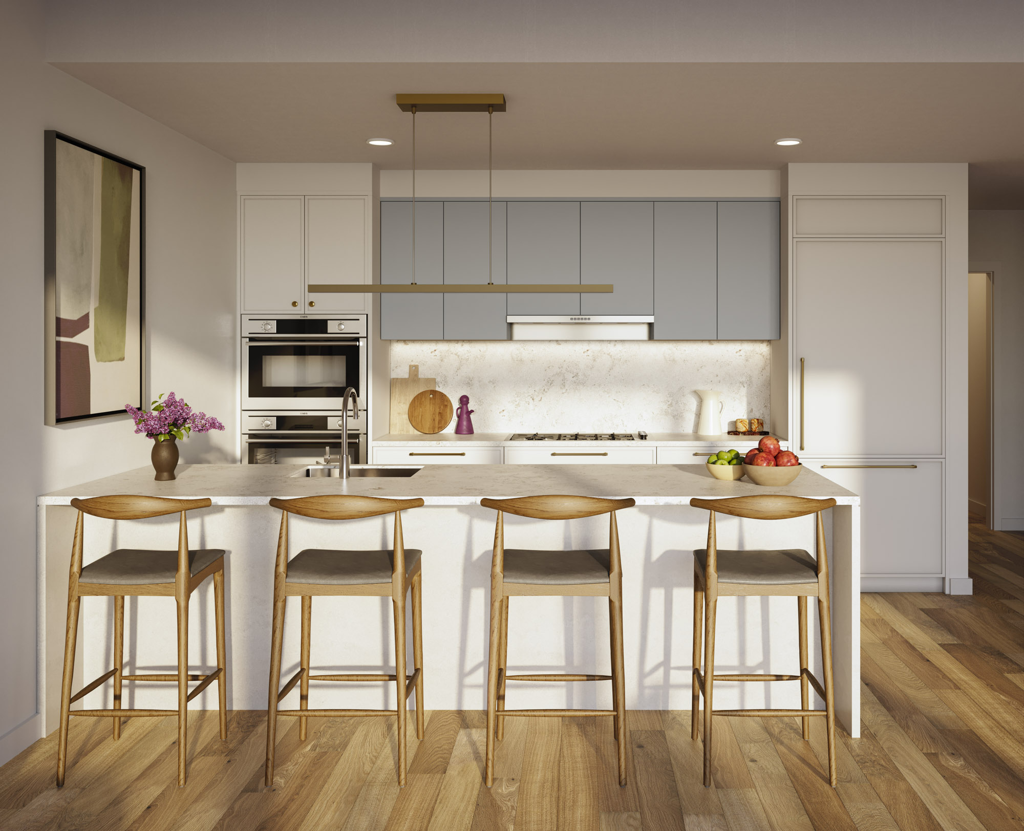 18 West 55th Street, Unit PHA Manhattan, NY 10019 - Photo 2 of 9 a kitchen with kitchen island white cabinets and appliances