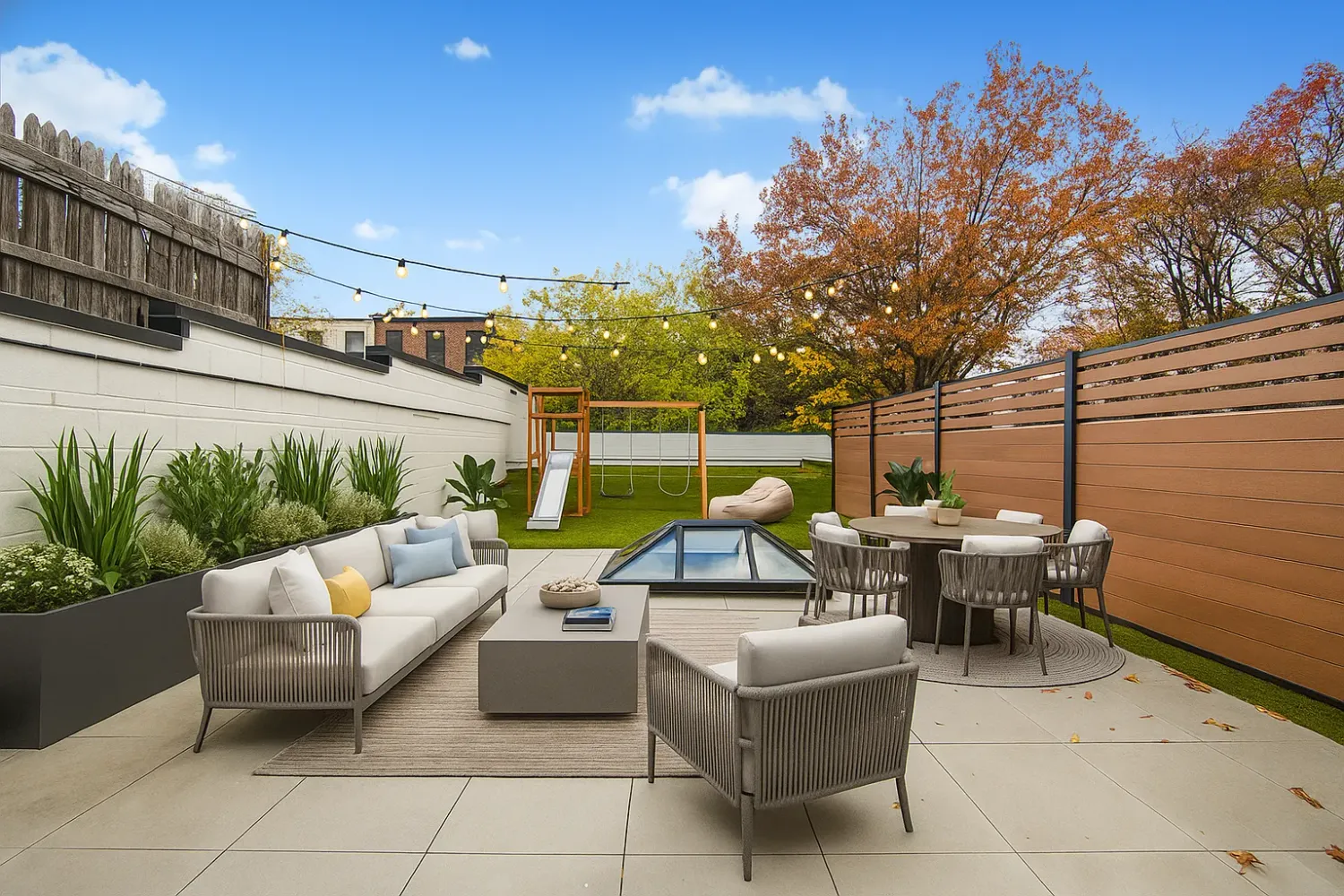 a view of a patio with couches and potted plants