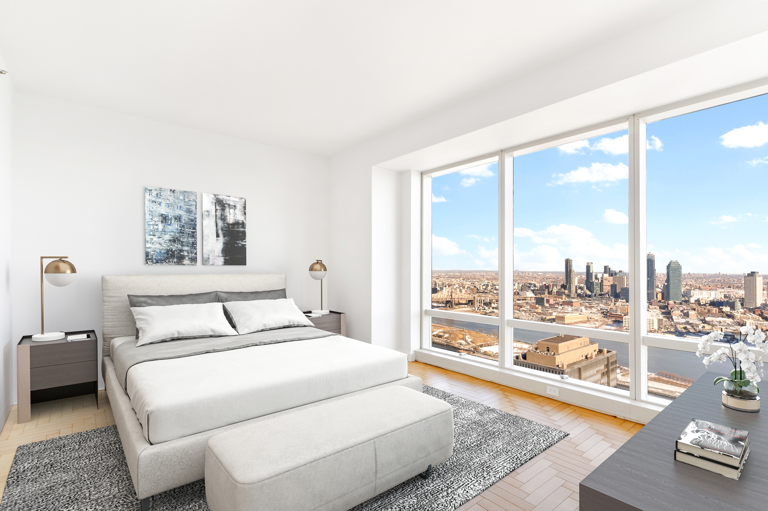 845 United Nations Plaza, Unit 63B Manhattan, NY 10017 - Photo 7 of 14 a bedroom with a large bed and a large window