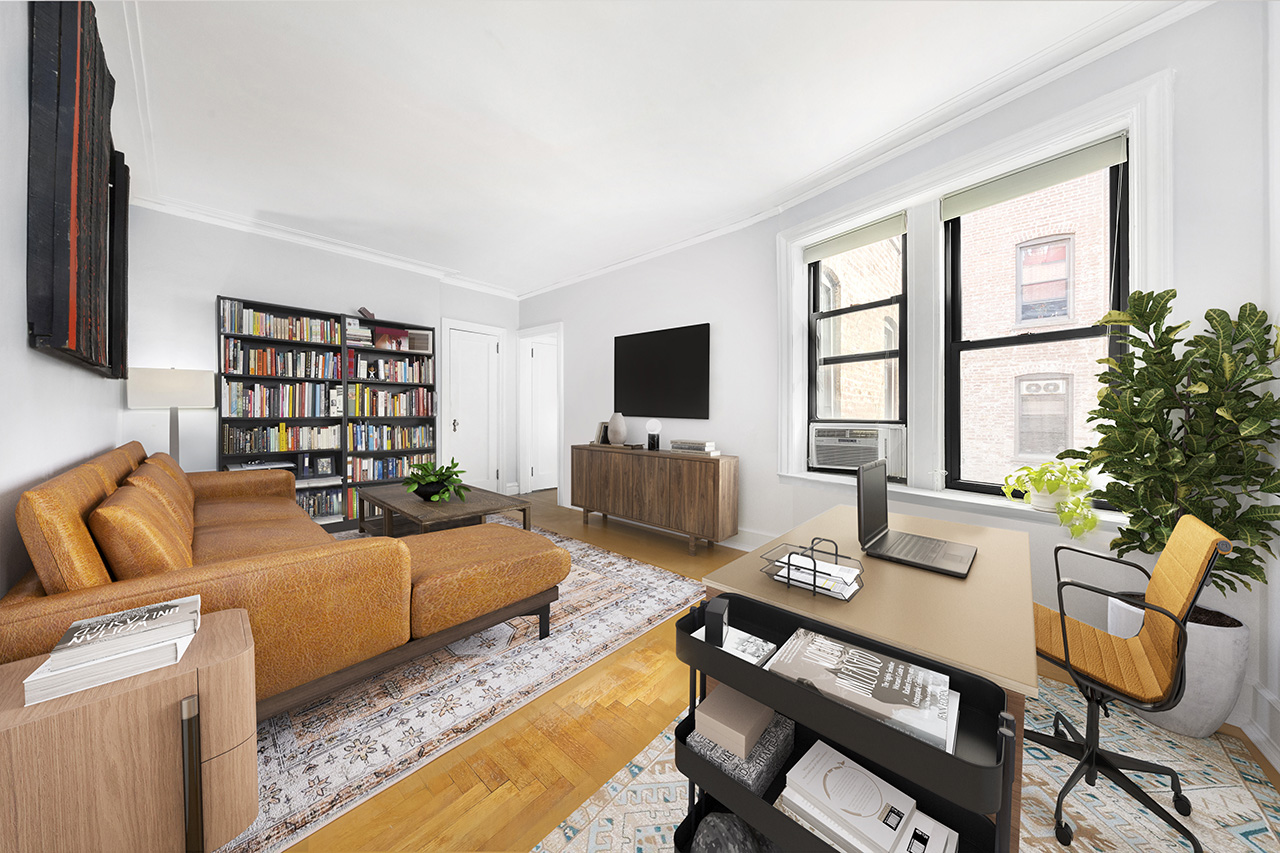 305 East 88th Street, Unit 5G Manhattan, NY 10128 - Photo 2 of 14 a living room with furniture a flat screen tv and a floor to ceiling window
