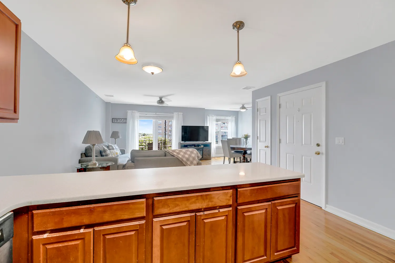 a view of a double sink and living room with wooden floor
