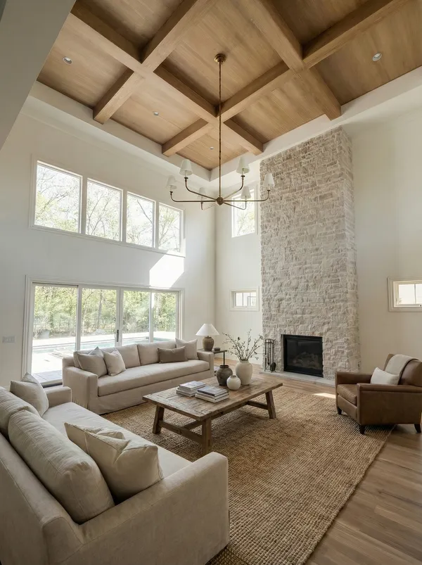 a living room with furniture fireplace and a large window