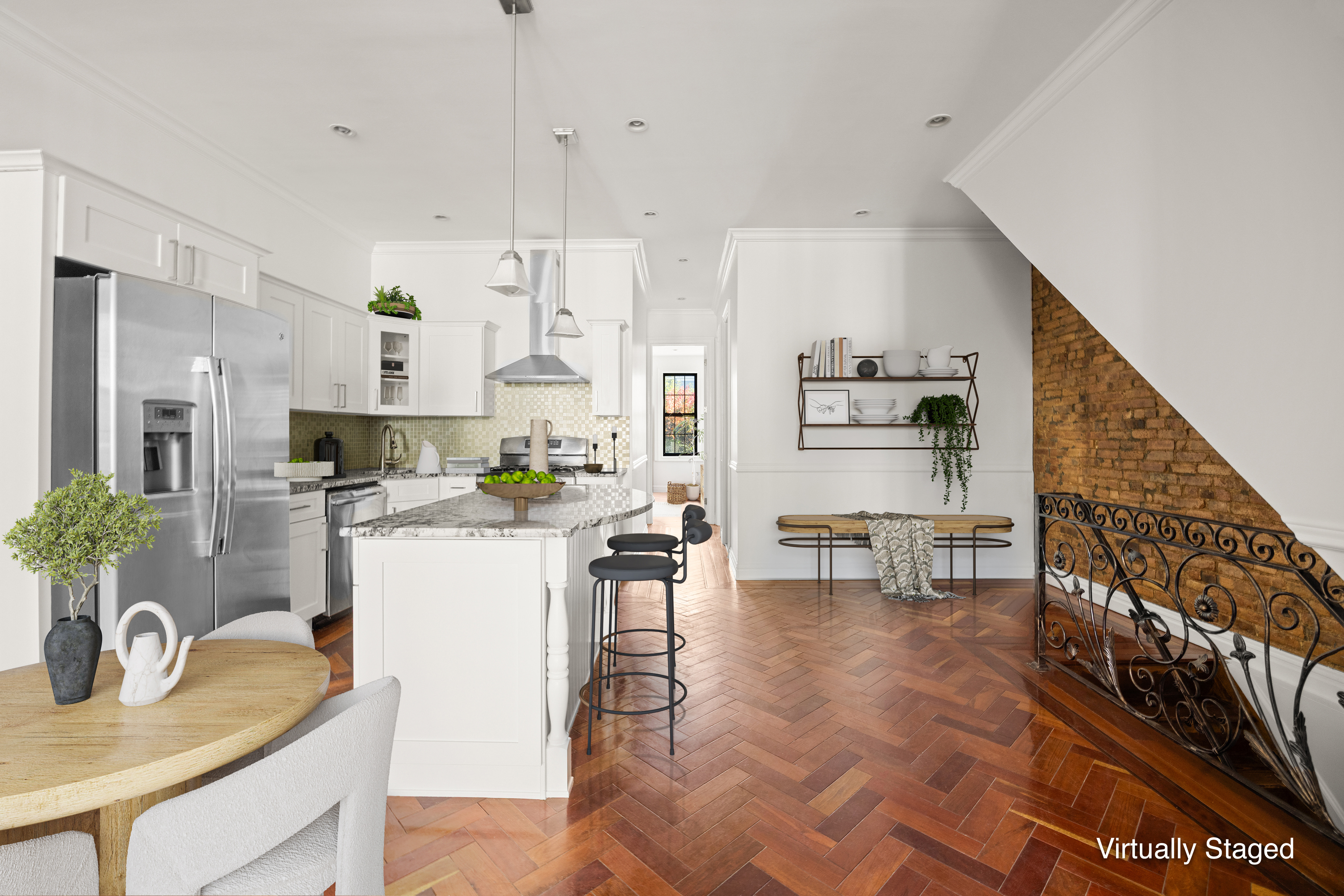 78 Pilling Street Brooklyn, NY 11207 - Photo 2 of 15 a kitchen with kitchen island granite countertop a table chairs microwave and cabinets