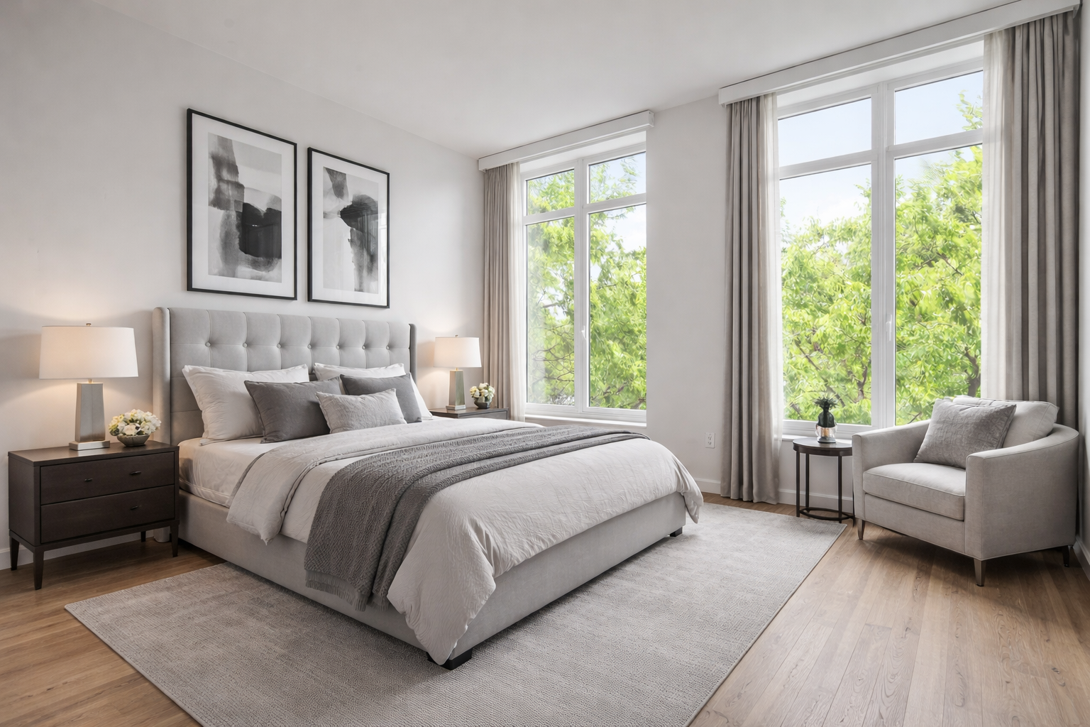 400 West 12th Street, Unit 3F Manhattan, NY 10014 - Photo 5 of 15 a spacious bedroom with a bed and a couch next to a window
