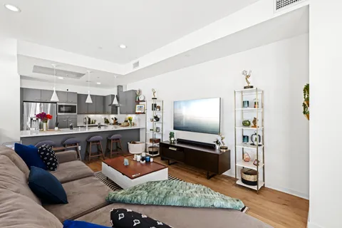 a living room with stainless steel appliances kitchen island granite countertop a couch and a flat screen tv