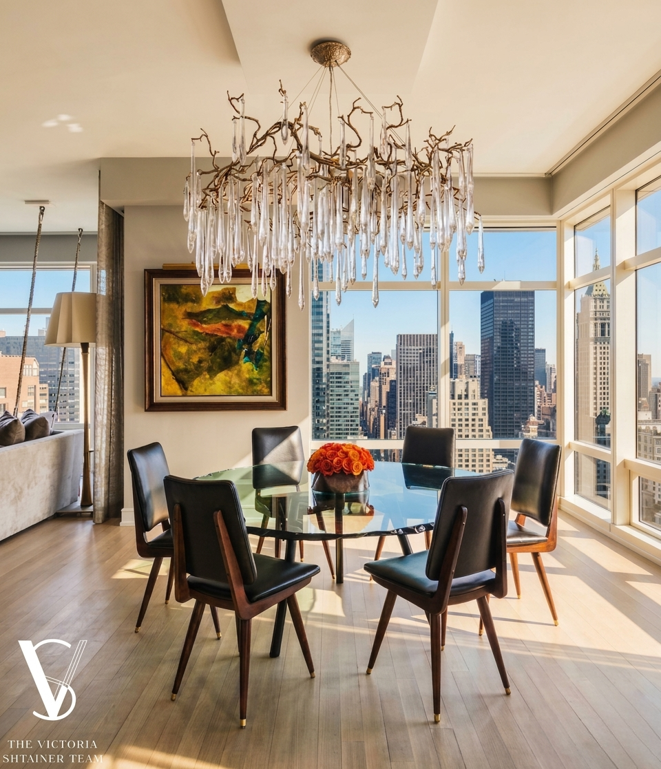 151 East 58th Street, Unit 38A Manhattan, NY 10022 - Photo 3 of 13 a view of a dining room with furniture window and wooden floor