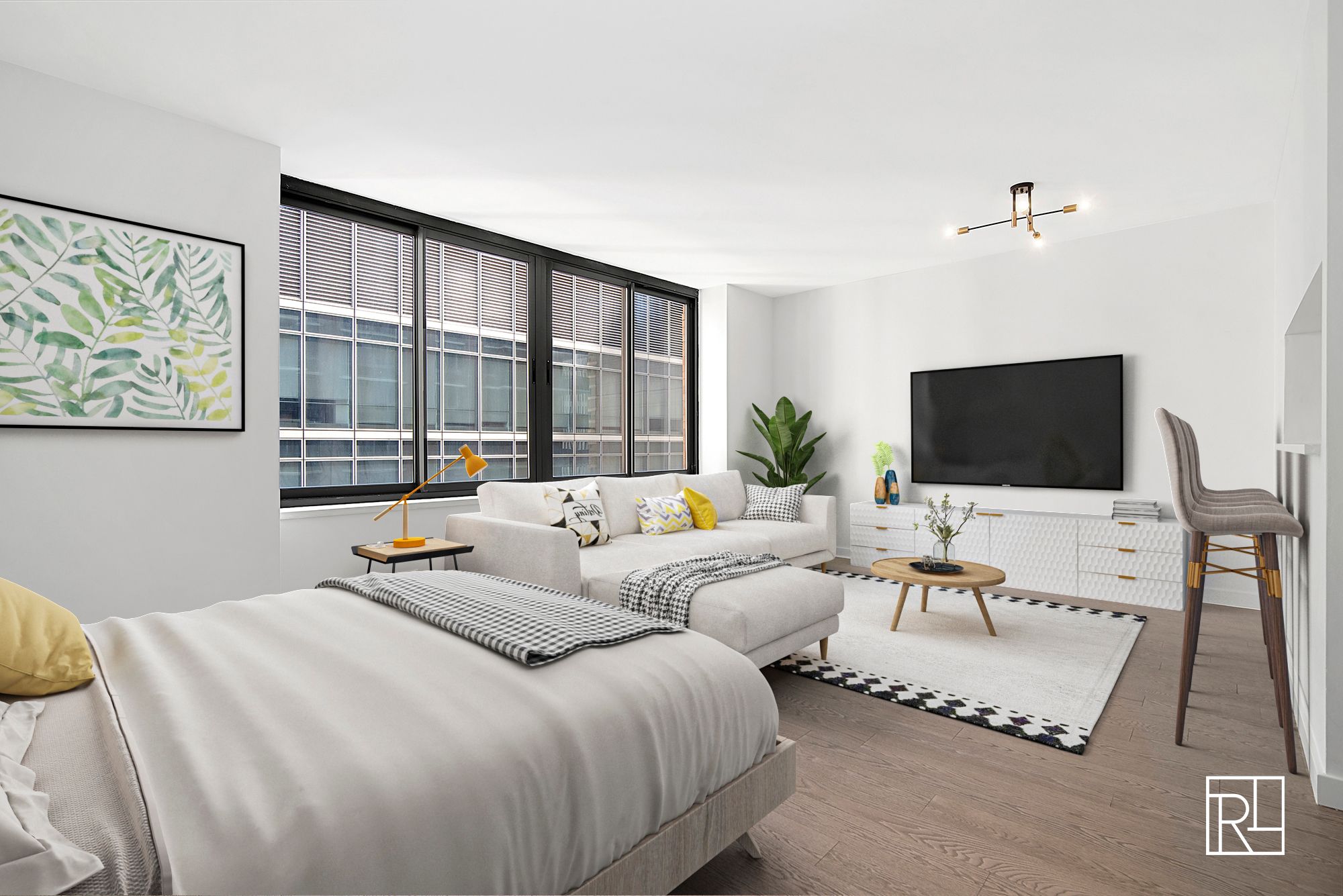 161 West 61st Street, Unit 12D Manhattan, NY 10023 - Photo 3 of 15 a bedroom with bed and glass door