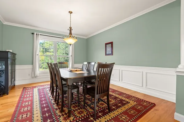 a view of a dining room with furniture window and wooden floor