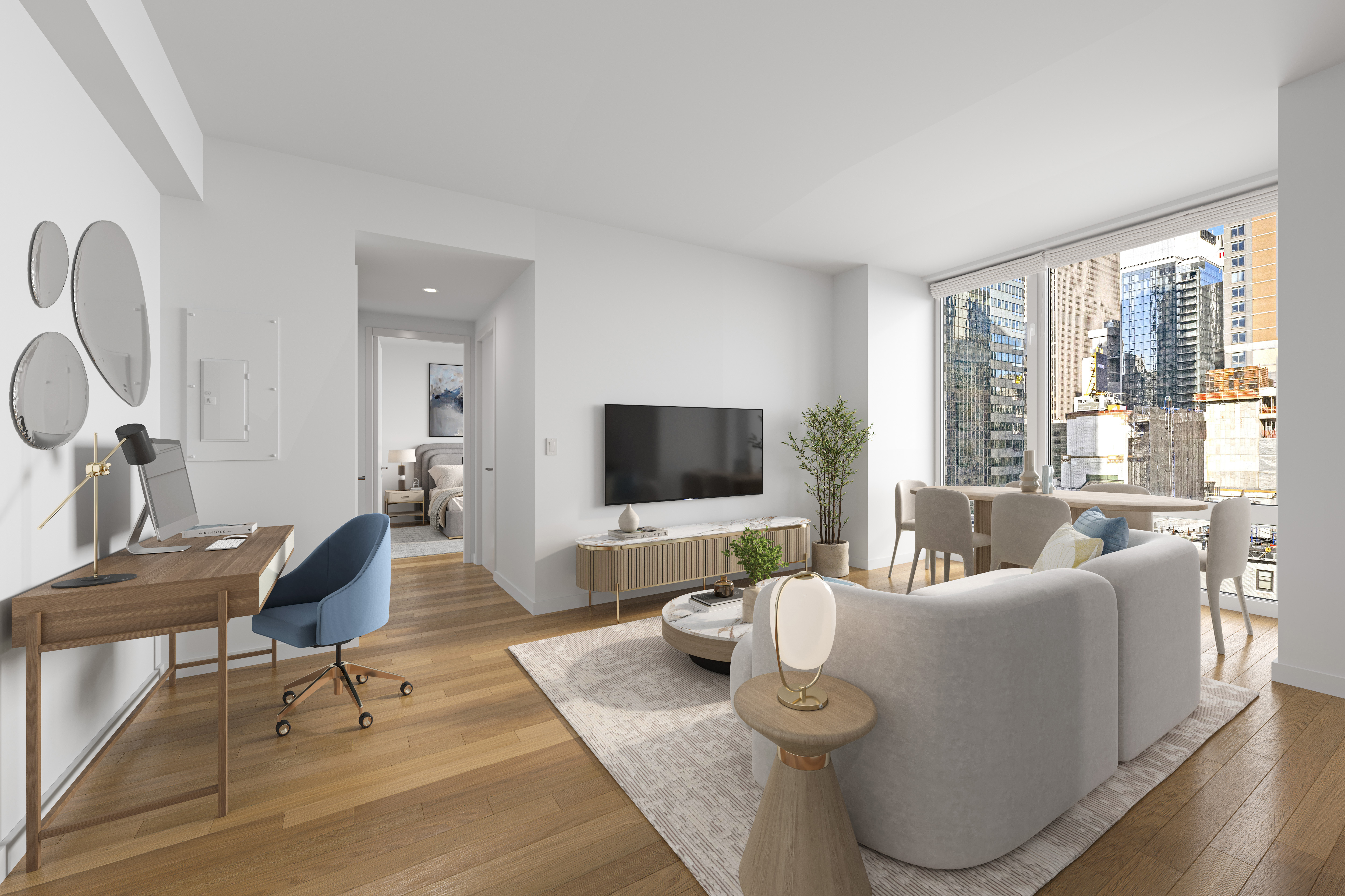247 West 46th Street, Unit 2305 Manhattan, NY 10036 - Photo 1 of 13 a living room with furniture and a flat screen tv