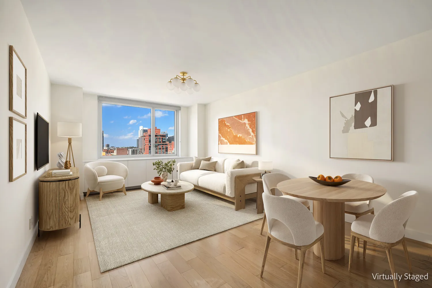 a living room with furniture kitchen view and a large window