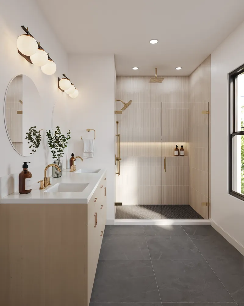a bathroom with a double vanity sink mirror and shower