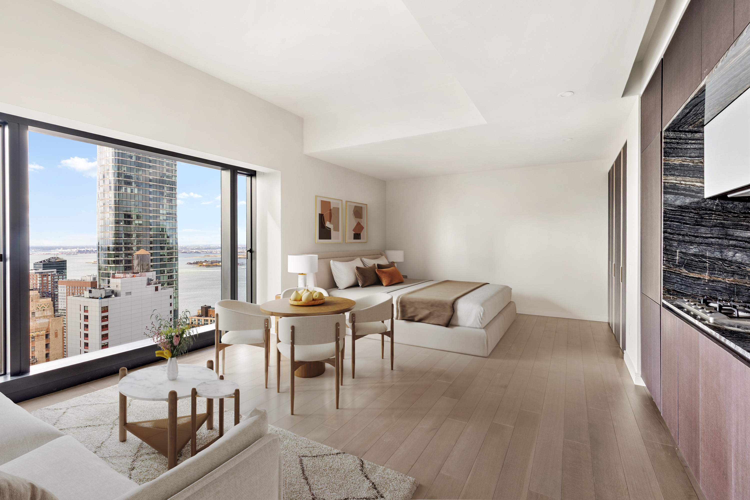 125 Greenwich Street, Unit 61C Manhattan, NY 10006 - Photo 1 of 16 a living room with furniture and large windows