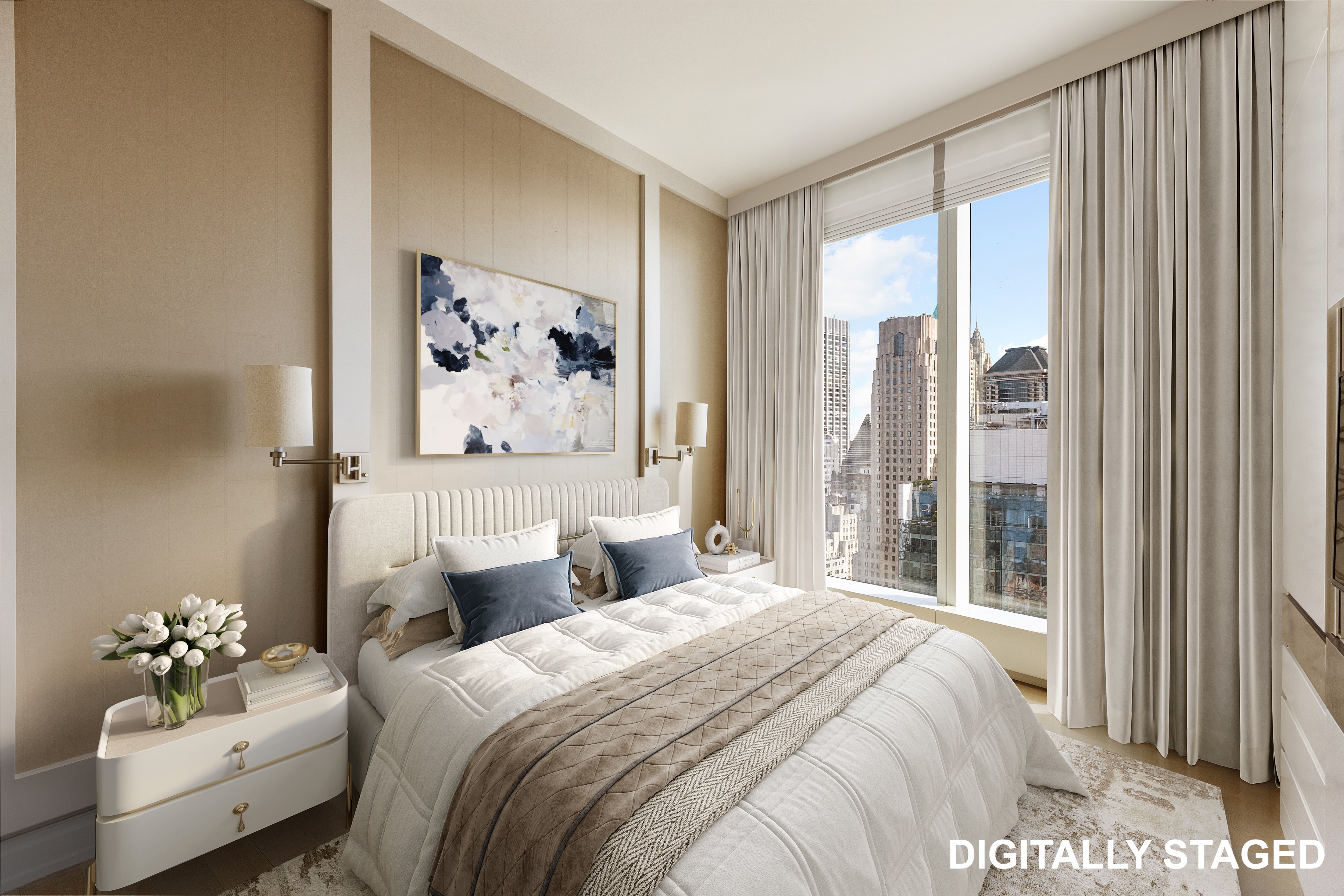 50 West Street, Unit 45B Manhattan, NY 10006 - Photo 4 of 8 a bedroom with a large bed and a painting on the wall