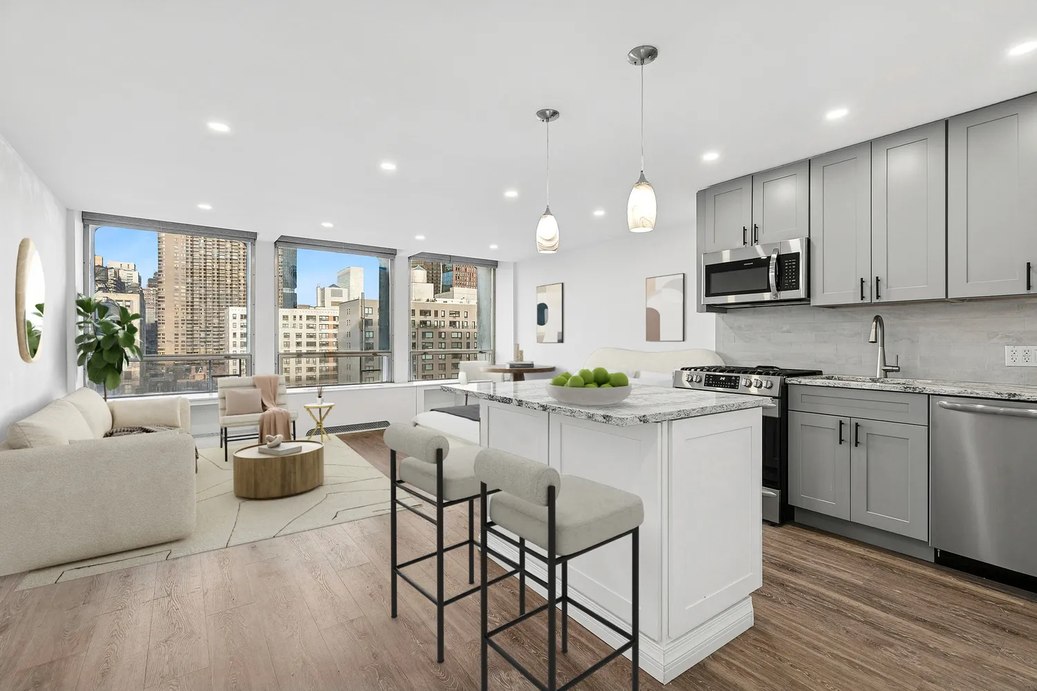 a kitchen with kitchen island granite countertop a sink and white cabinets with wooden floor