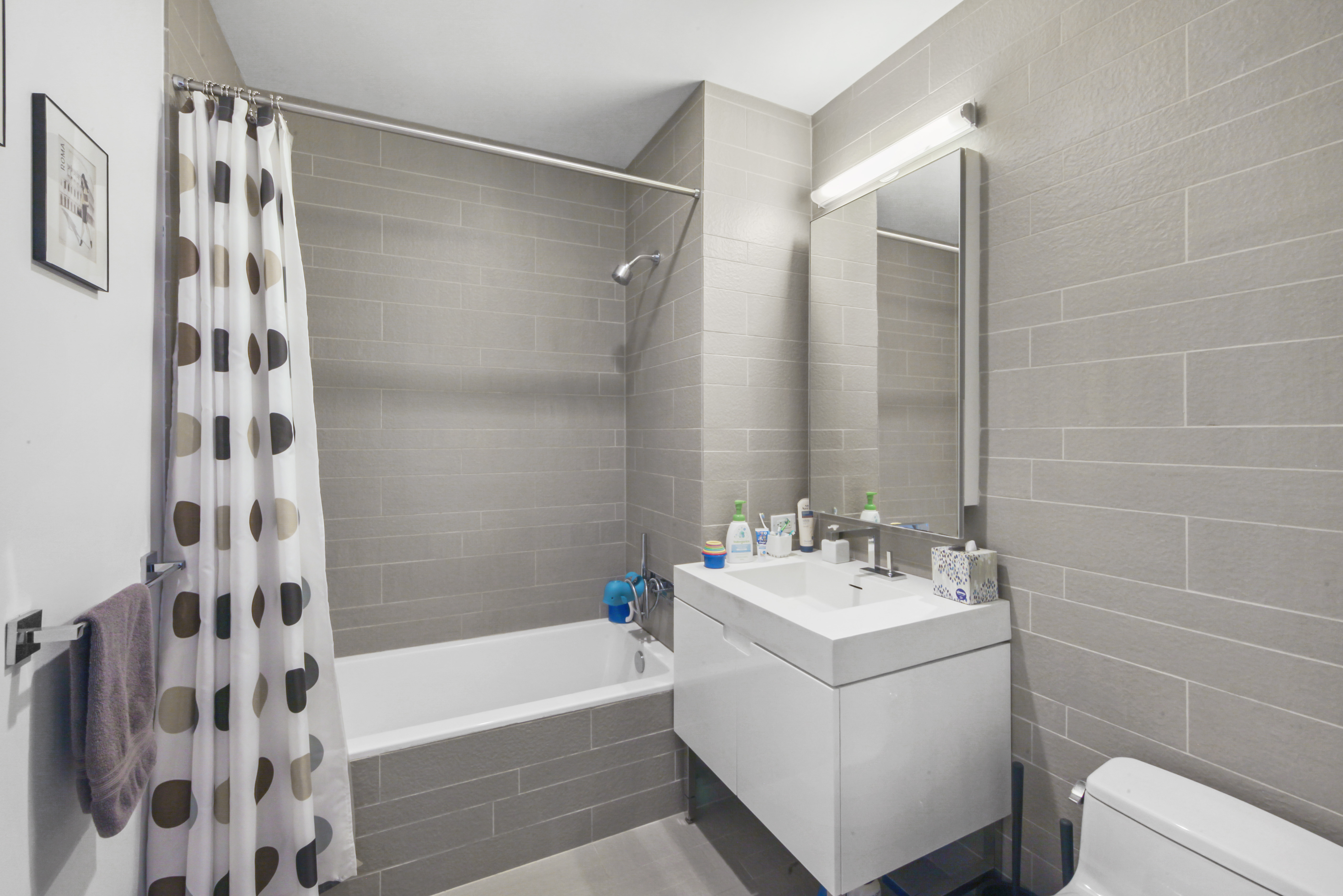 388 Bridge Street, Unit 32G Brooklyn, NY 11201 - Photo 8 of 15 a bathroom with a sink mirror toilet and bathtub