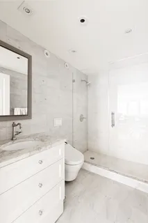 a bathroom with a double vanity sink toilet mirror and shower