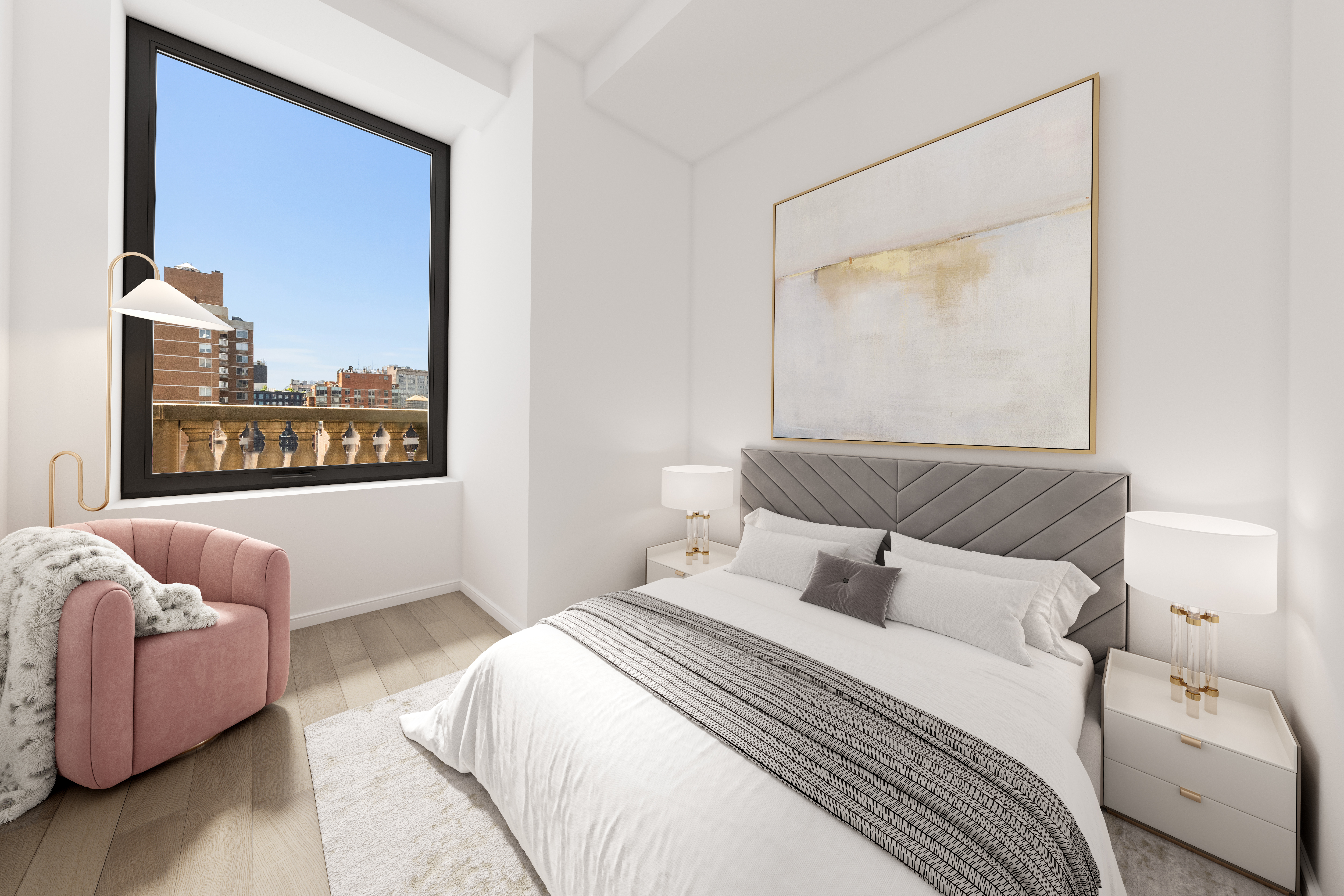 88 Lexington Avenue, Unit 1606 Manhattan, NY 10010 - Photo 13 of 20 a bedroom with a bed and wooden floor