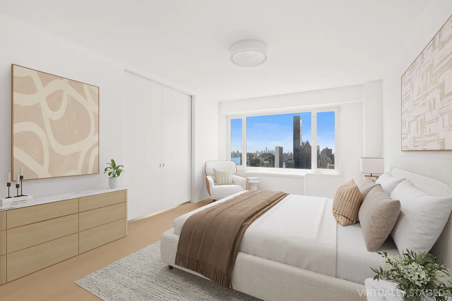 a bedroom with a large bed and a window