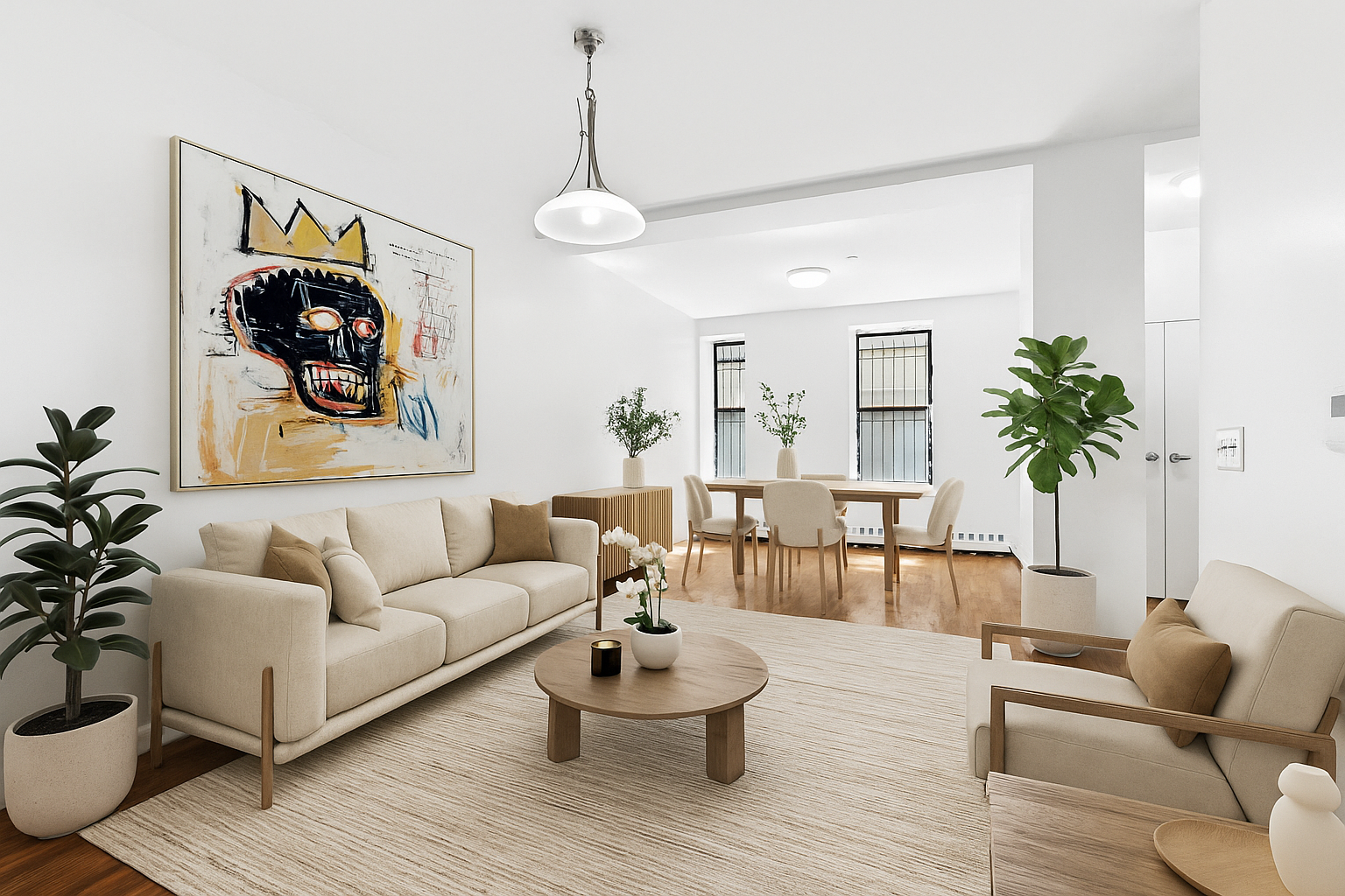 a living room with furniture and wooden floor