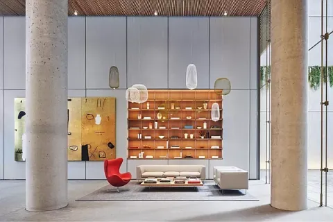 a building outdoor space with patio furniture