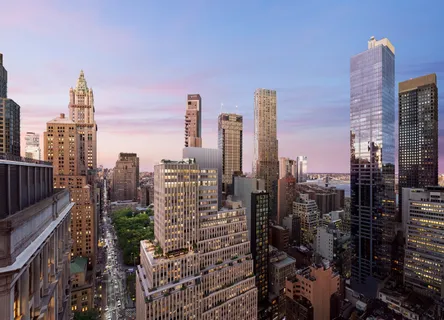 a city view with tall buildings