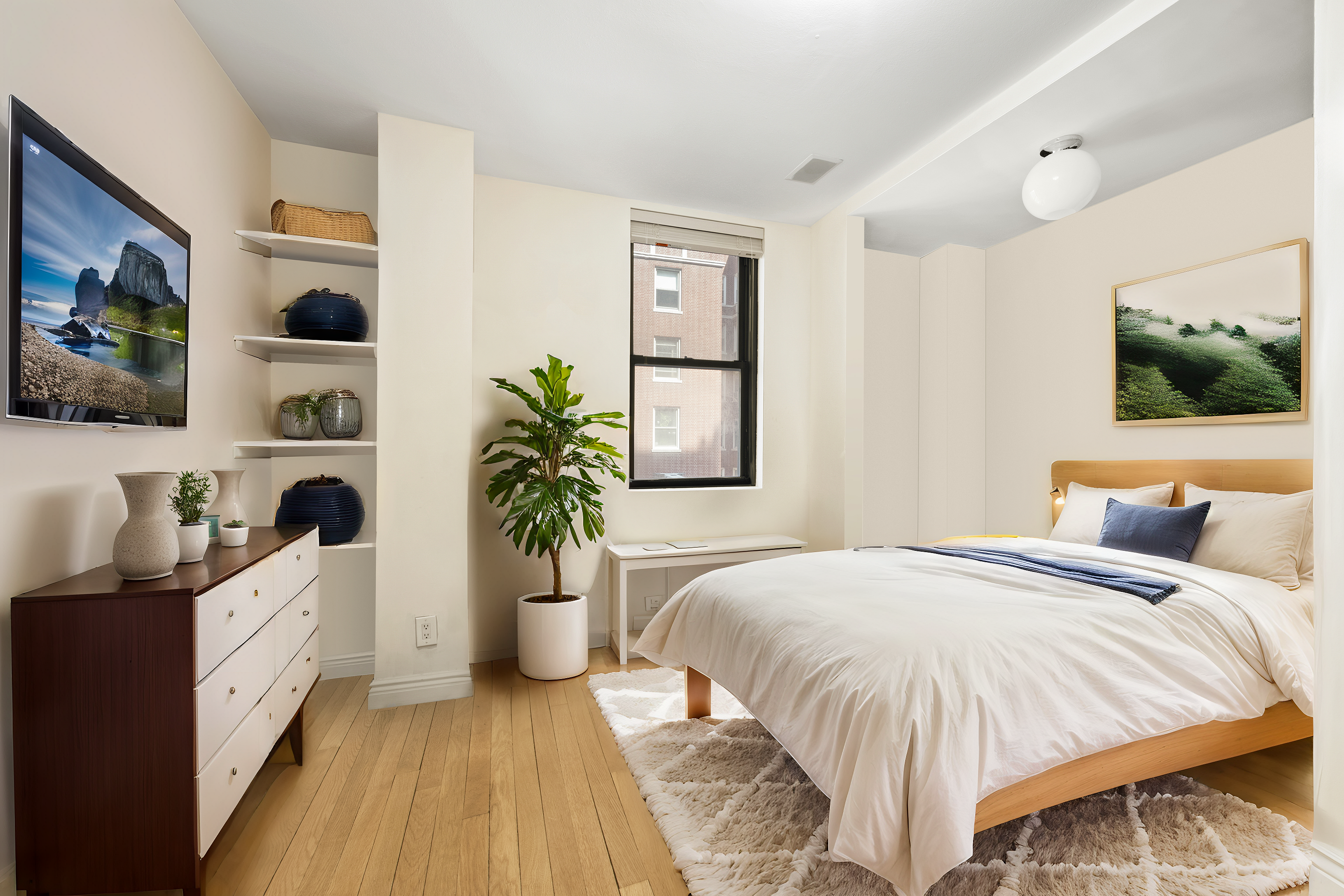 340 West 55th Street, Unit 5C Manhattan, NY 10019 - Photo 5 of 10 a bedroom with a bed and a flat screen tv