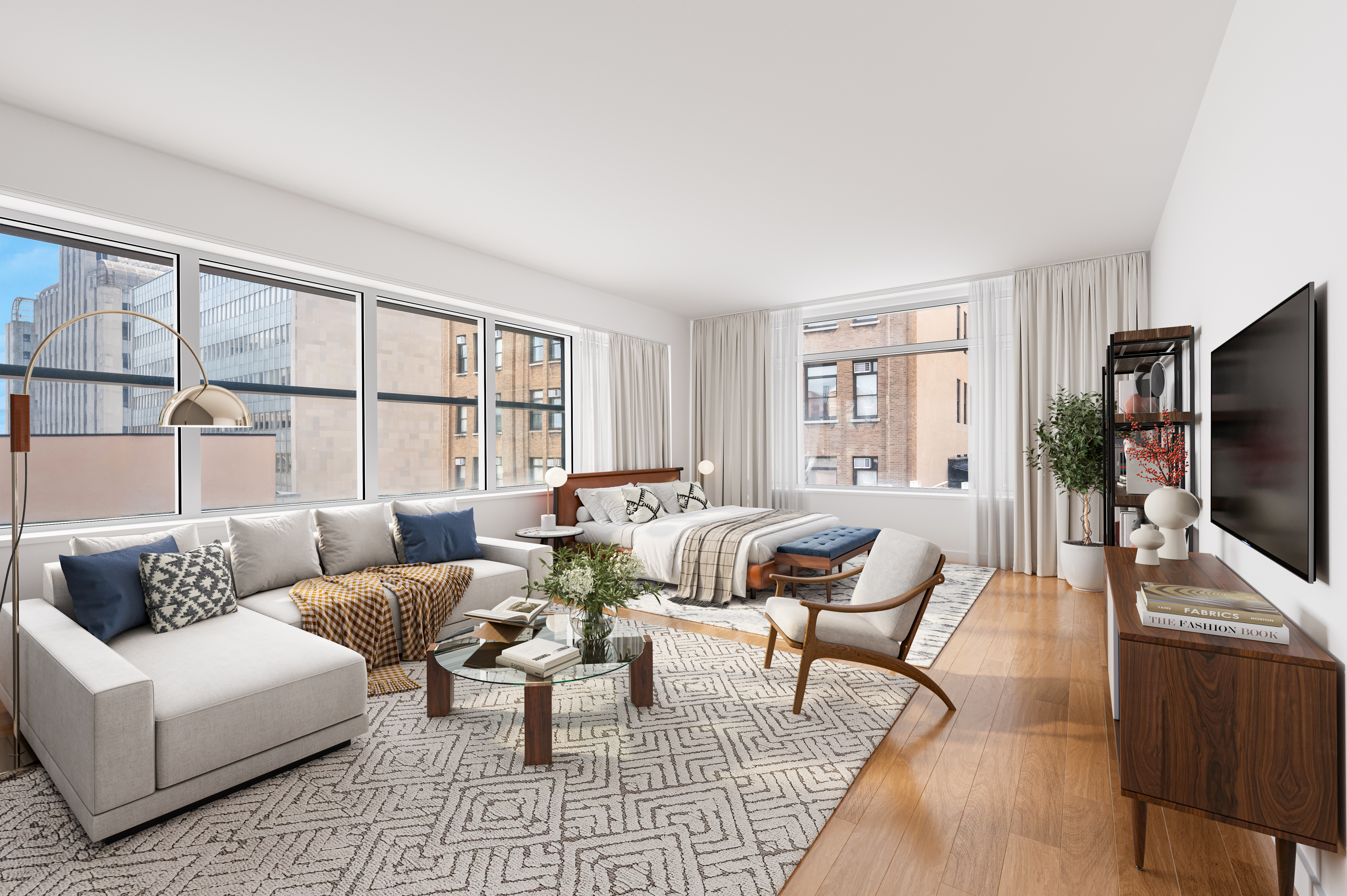 84 White Street, Unit 11D Manhattan, NY 10013 - Photo 1 of 6 a living room with furniture flat screen tv and a large window