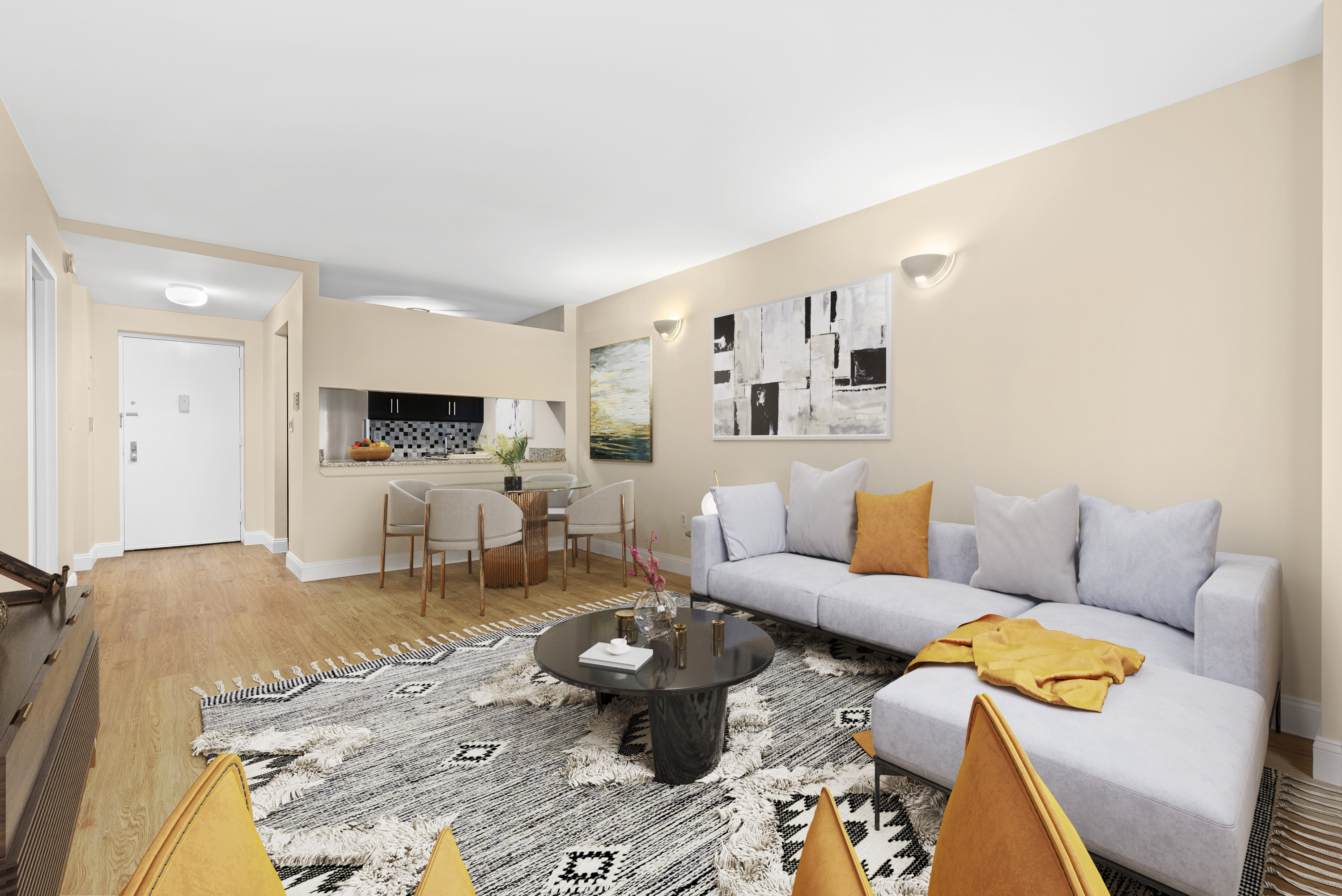 280 Rector Place, Unit 5O Manhattan, NY 10280 - Photo 2 of 7 a living room with furniture and view of kitchen