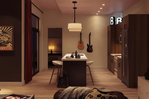 a living room with furniture and wooden floor