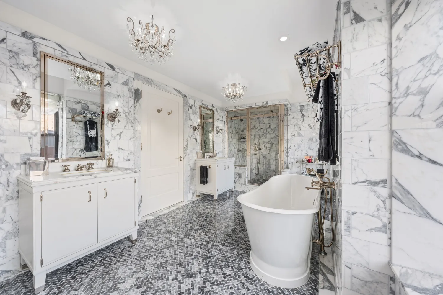 a bathroom with a sink vanity granite tub and shower