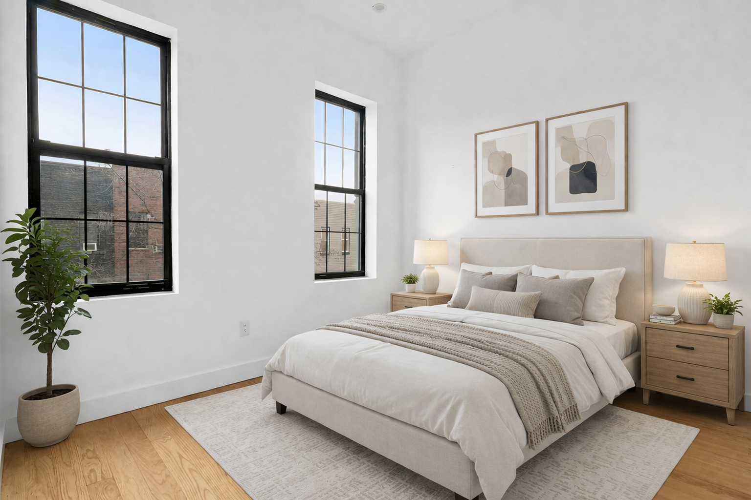 a bedroom with a bed and a potted plant