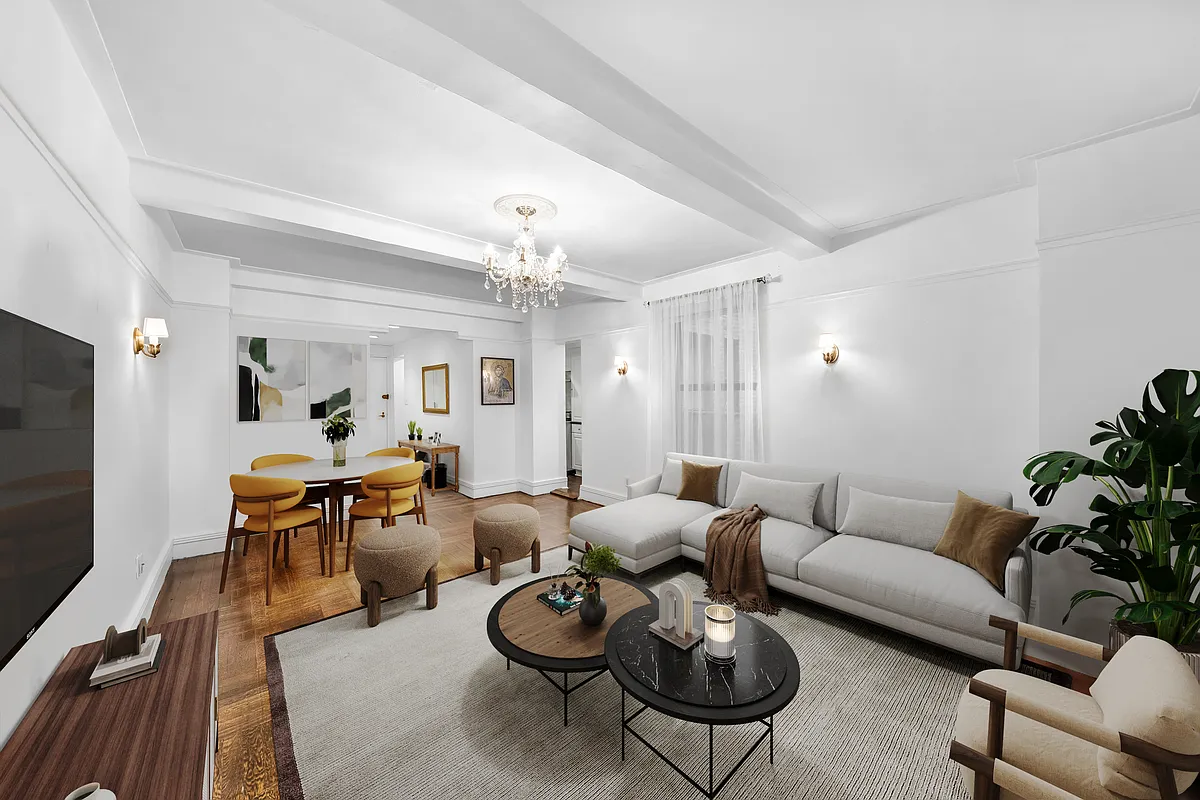 a living room with furniture a chandelier and a flat screen tv