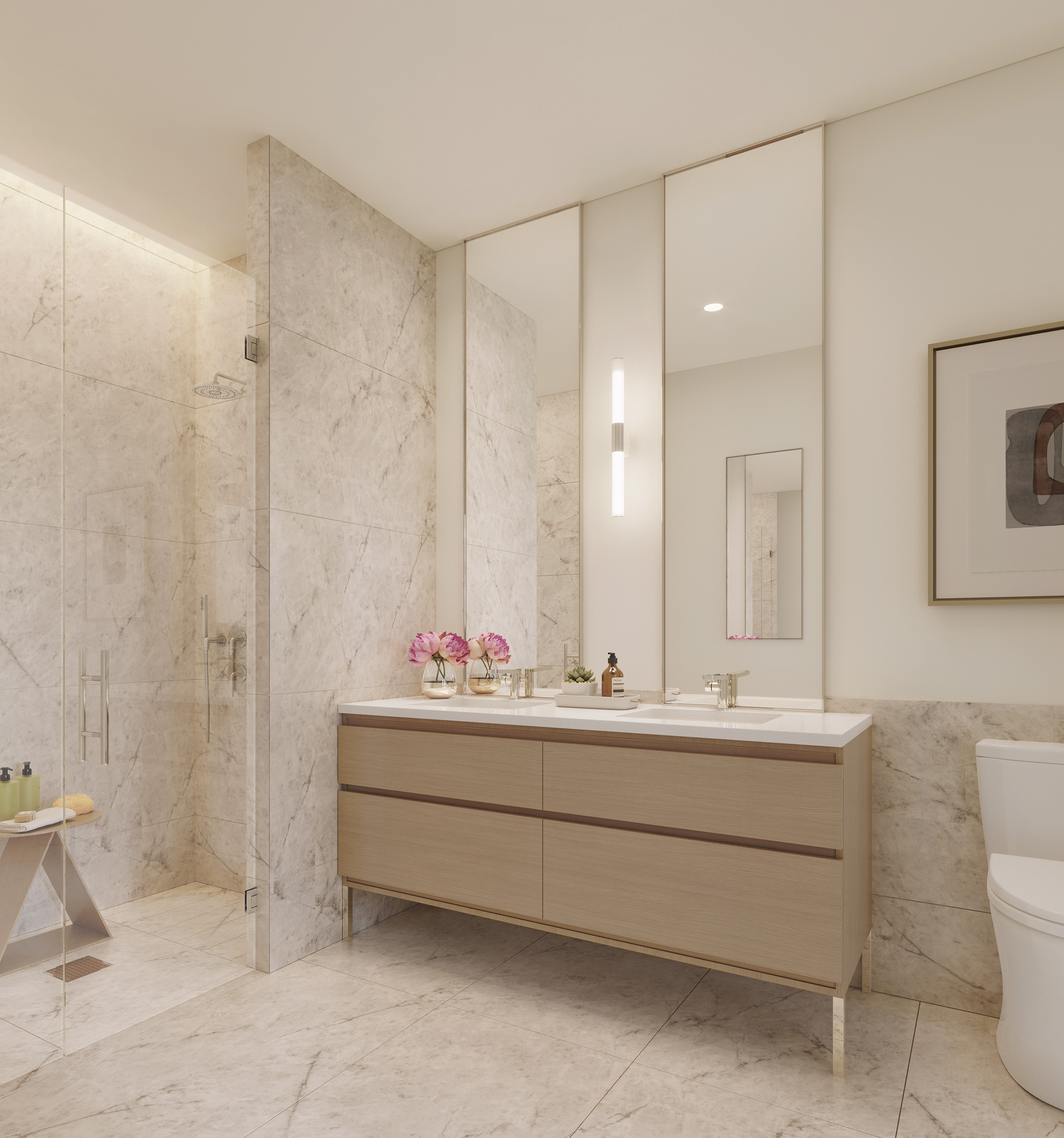 50 Paseo Place, Unit 309 Brooklyn, NY 11217 - Photo 4 of 6 a bathroom with a double vanity sink mirror and shower