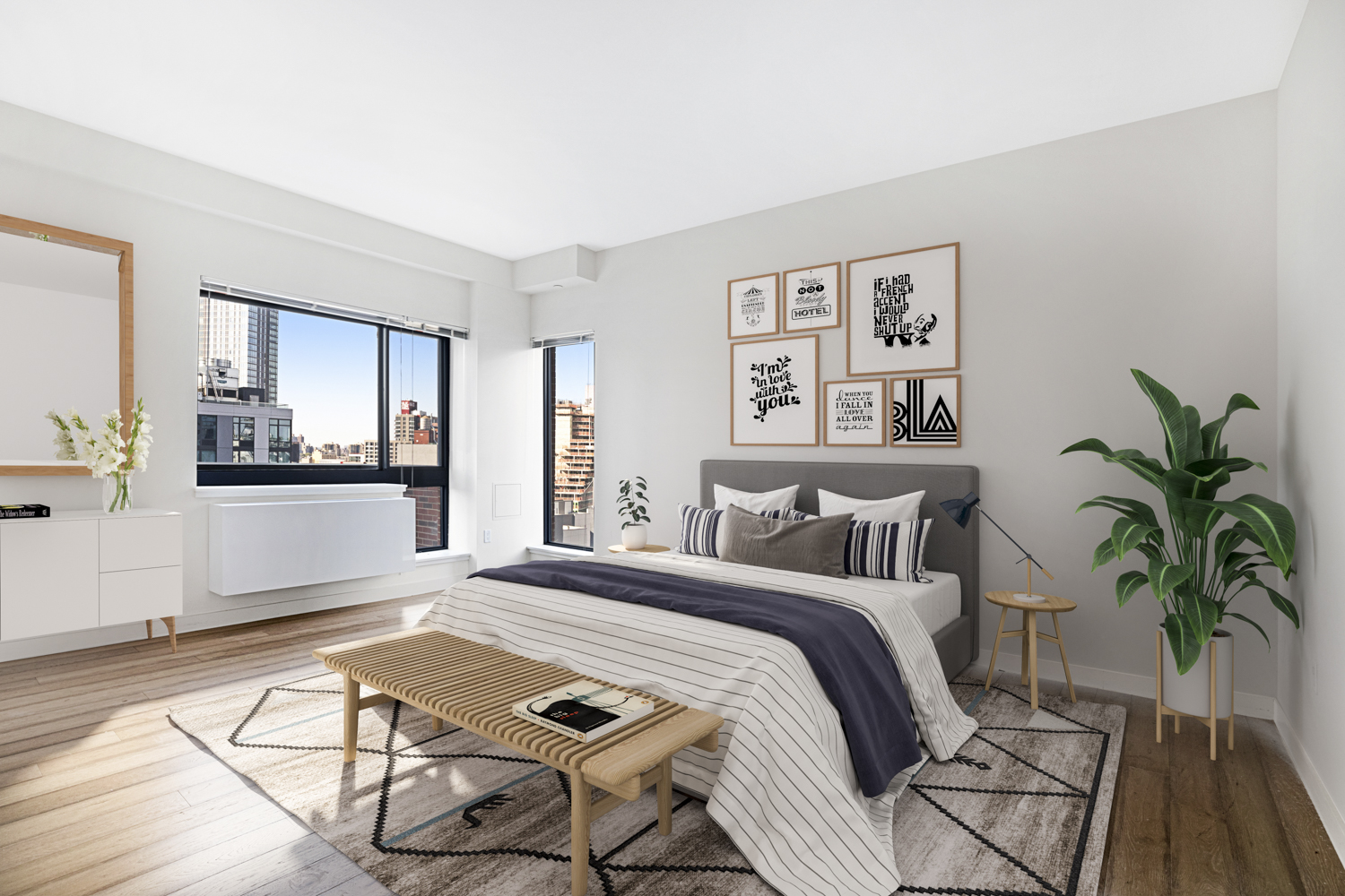 26-14 Jackson Avenue, Unit 9C Queens, NY 11101 - Photo 1 of 8 a bed room with a bed and balcony