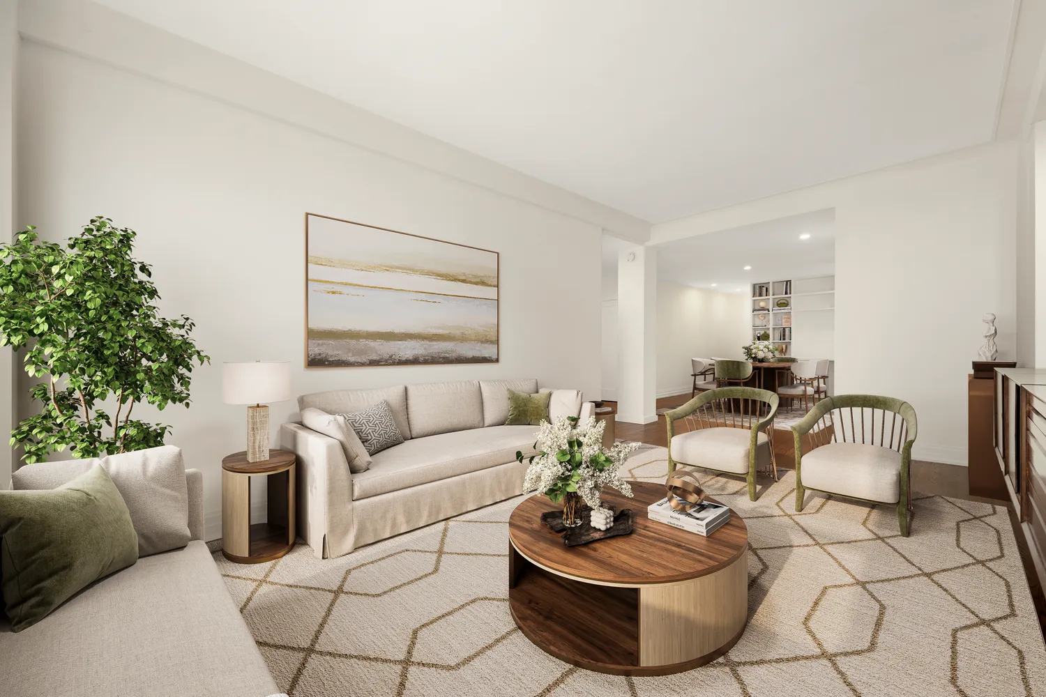 a living room with furniture and a potted plant