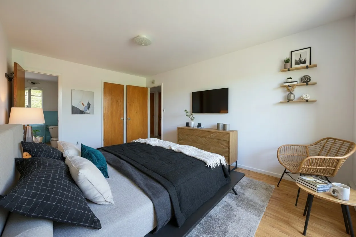 a bedroom with a bed and a flat screen tv