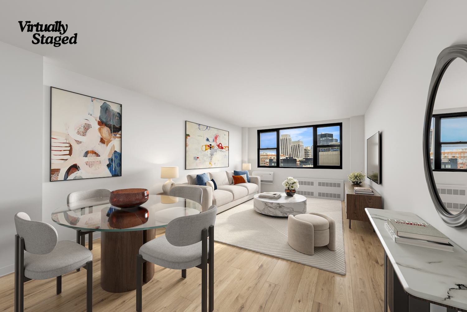 61 Jane Street, Unit 15K Manhattan, NY 10014 - Photo 3 of 16 a living room with furniture and a flat screen tv