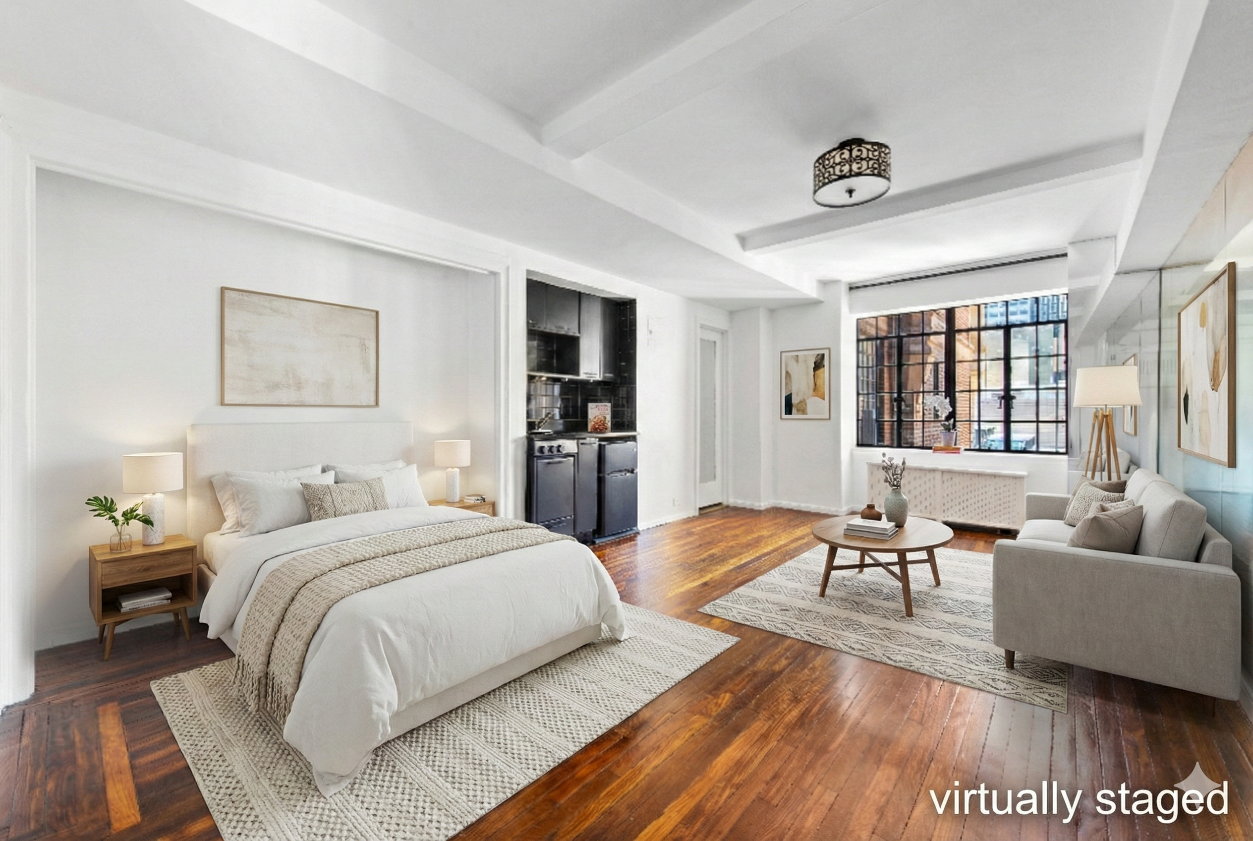 a bedroom with a bed and wooden floor