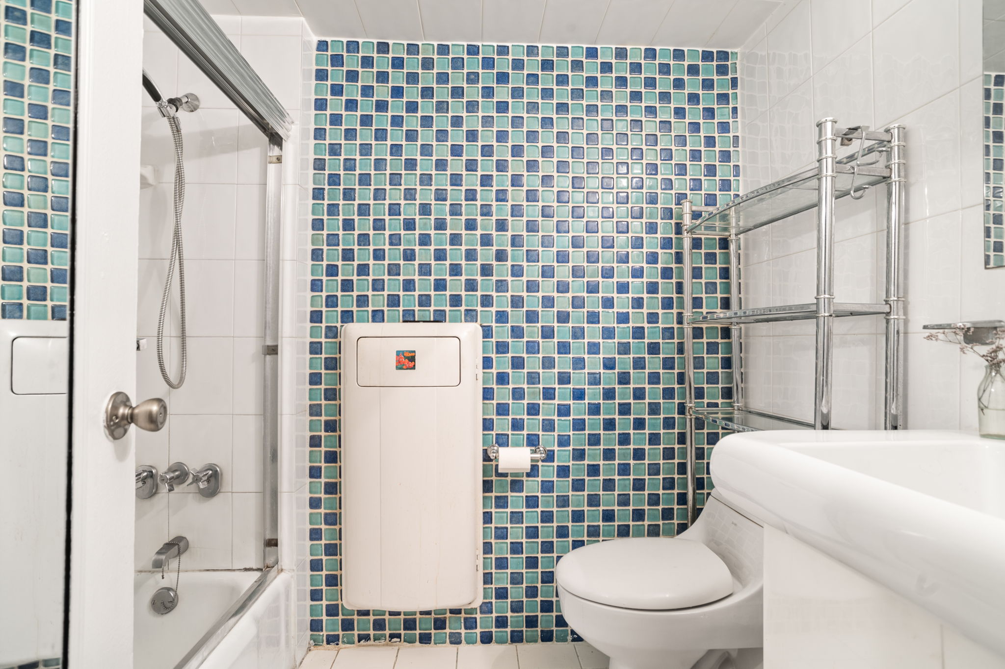 401 East 65th Street, Unit 12F Manhattan, NY 10065 - Photo 9 of 18 a white toilet sitting next to a shower curtain