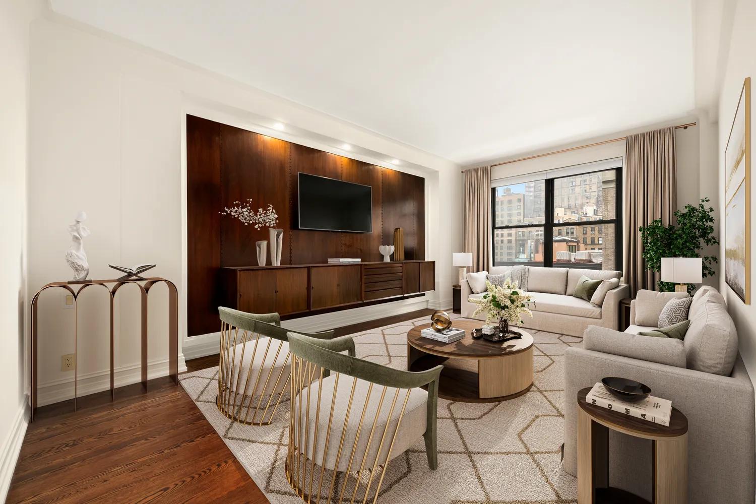 a living room with furniture a flat screen tv and a large window