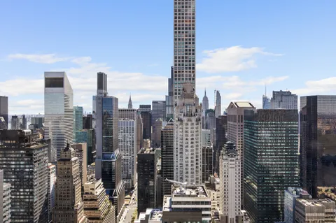 a city view with tall buildings