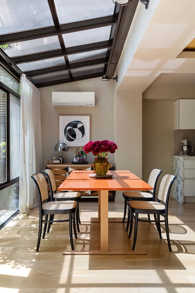 a view of a dining room with furniture