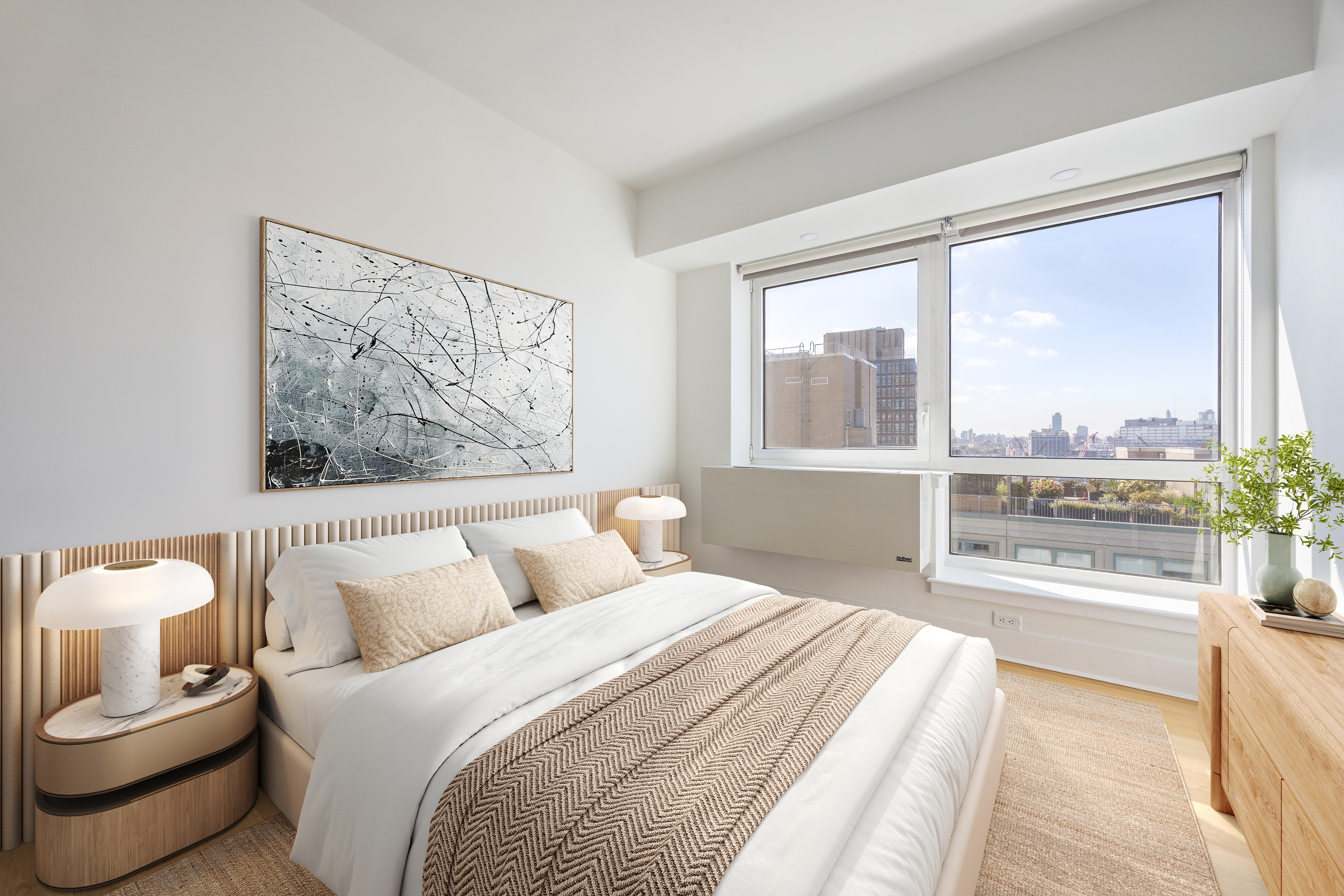 440 Kent Avenue, Unit 17A Brooklyn, NY 11249 - Photo 8 of 11 a bedroom with a bed and a large window with outer view