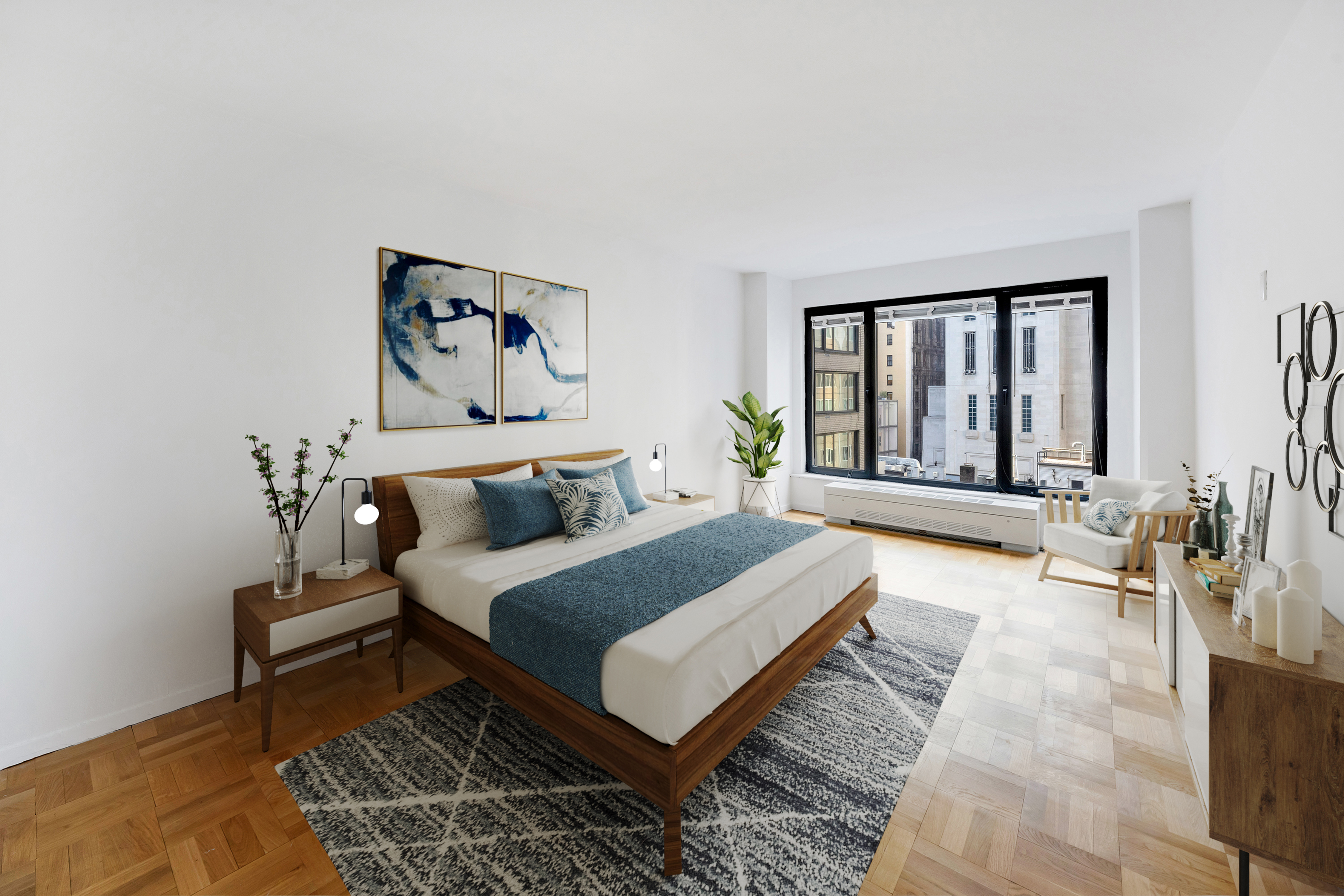 200 Central Park South, Unit 10A Manhattan, NY 10019 - Photo 8 of 10 a spacious bedroom with a bed a couch and a window