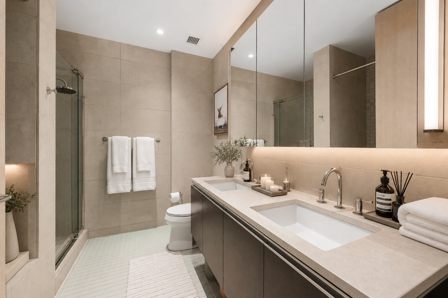 110 3rd Avenue, Unit 3C Manhattan, NY 10003 - Photo 6 of 9 a bathroom with double sink and a mirror