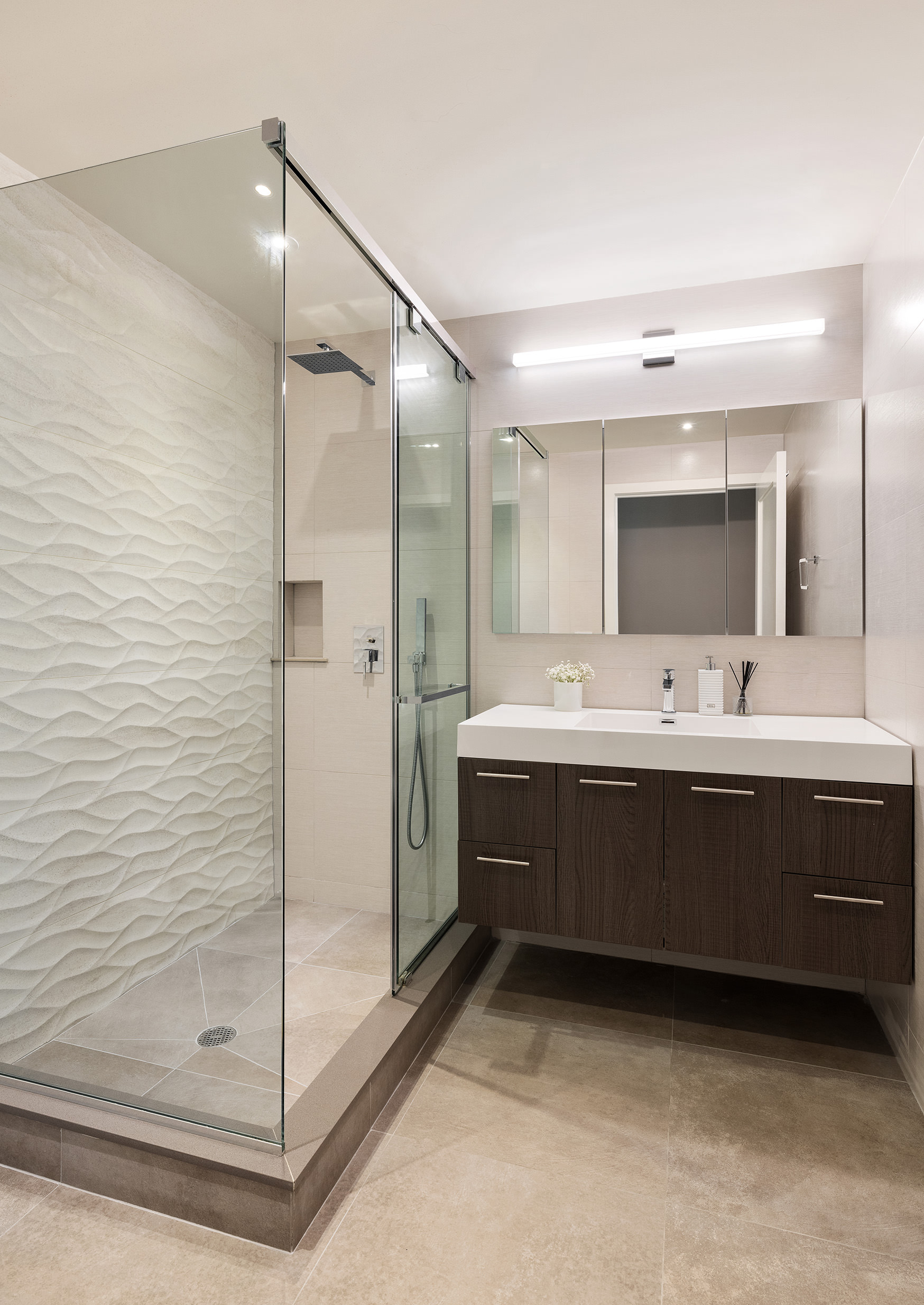 45 Sutton Place South, Unit PHI Manhattan, NY 10022 - Photo 9 of 20 a bathroom with a double vanity sink mirror and shower