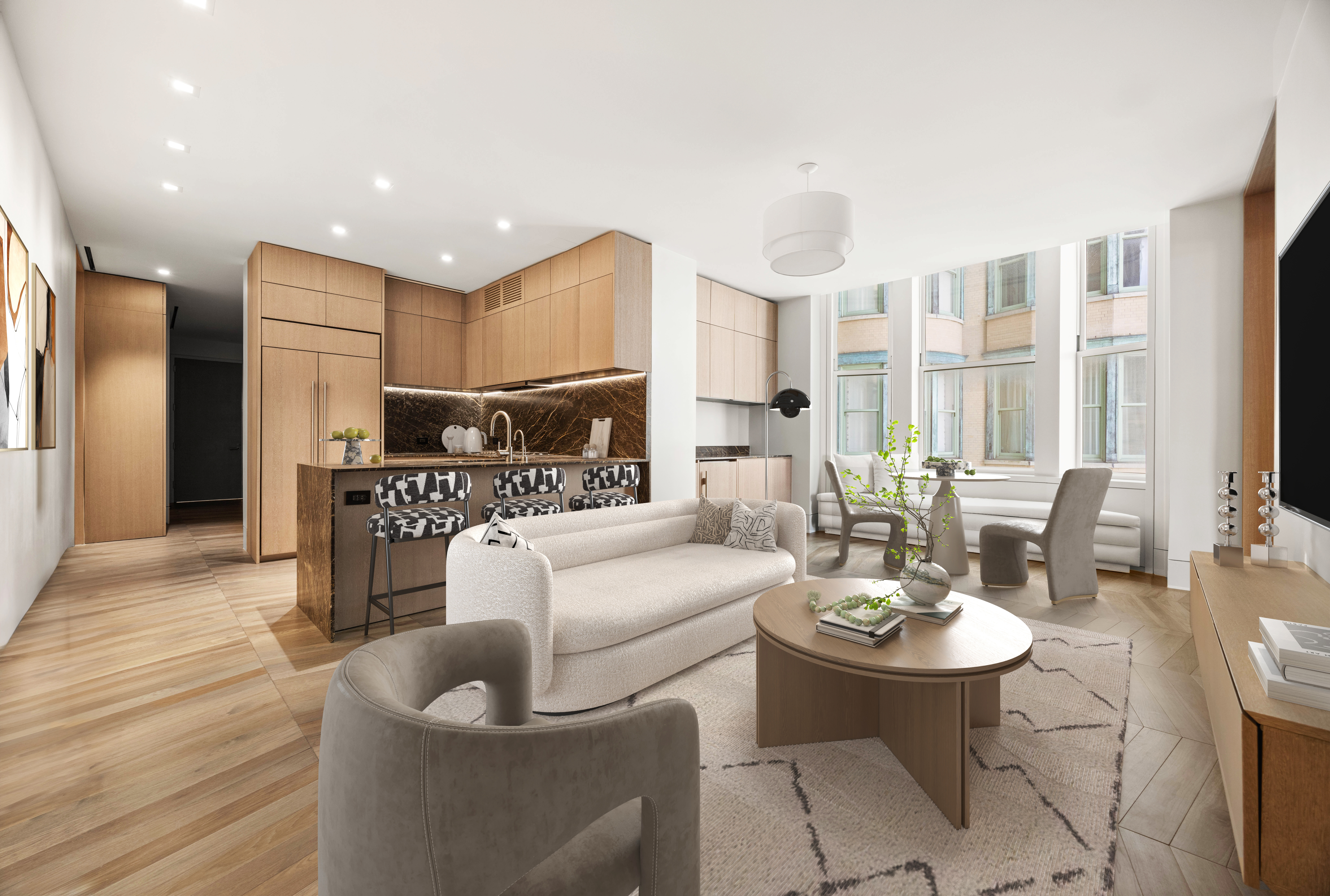 a living room with furniture a fireplace and a table