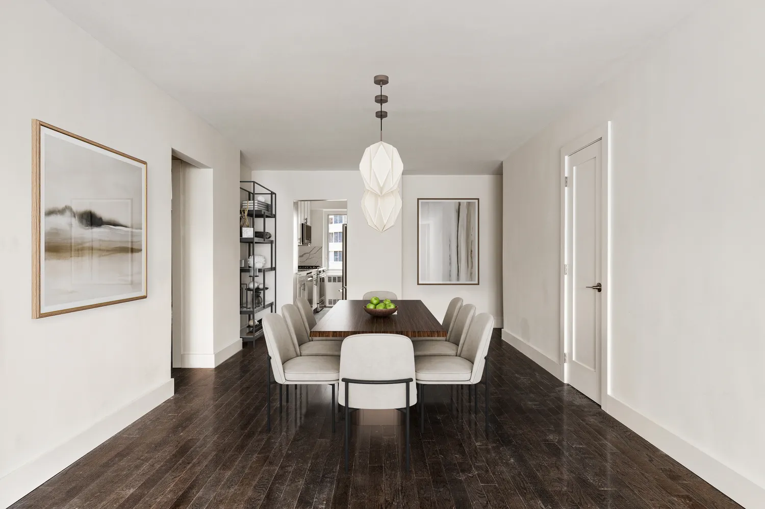 a dining room with wooden floor a chandelier a glass table and chairs