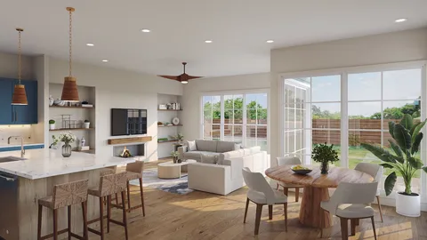 a living room with furniture a large window and a flat screen tv